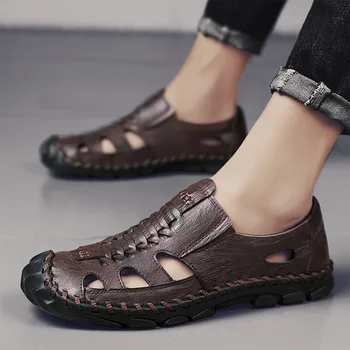 Natūralios odos vyrai Laisvalaikio basutės Vasarinės šlepetės Klumpės Dizaineris Romano sandalai Prekės ženklas Zapatos Hombre sandalias hombre M960