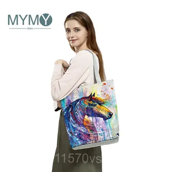 Akvarelės arklio raštas Spausdinti moters pirkinių krepšiai nešiojami krepšiai per petį rankinės Daugkartinio naudojimo didelės talpos laisvalaikio pirkinių krepšys