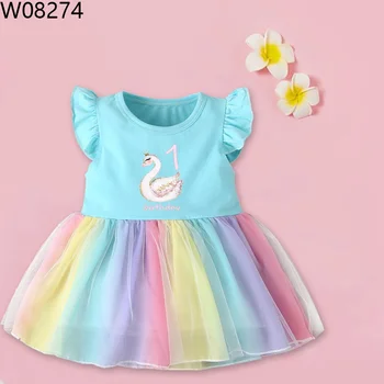 Baby Girls Dress 2021 Summer Cute 1-4 Birthday Swan Printed Baby Fashoin Rainbow Girl Princess Birthday Party Suknelės kostiumas