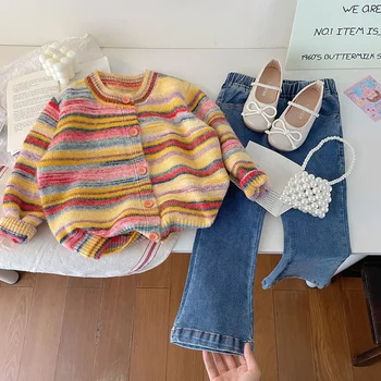 Mergaitės megztas megztas megztas megztas 2023 m. ruduo Naujas vaikų madingas Geriausios mergaitės Madingas žieminis vaivorykštinis megztinis