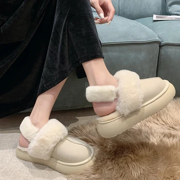 Winter Woman Slipper Shoes Pantofle Cover Toe Fur Flip Flops Slides Med 2023 Plush Flat Fabric Rome PU Shearling Snow Boots