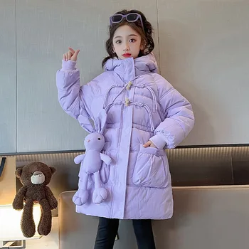 Winter Junior Girl Long Thicken Cotton Jacket School Girl Cartoon Rabbit Hooded Windproof Parka Child Girl Winter Warm Copals