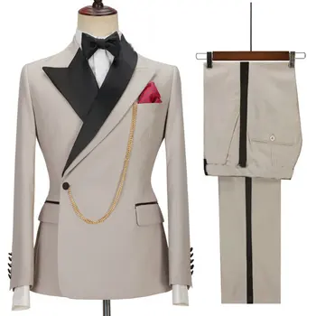 2 Dalių komplektas Blazers Striukės Kelnės / 2023 Fashion New Men Casual Boutique Slim Business Groom Wedding Double Breasted SuI Kelnės