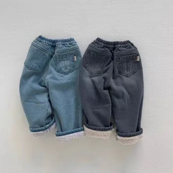 Rudens žiemos kūdikių kelnės Berniukai Kieti vilnoniai džinsai Mergaitės Laisvi stori džinsiniai džinsai 0-3Y Kūdikis Mažylis Vaikai Šiltos laisvalaikio kelnės