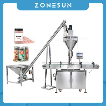 ZONESUN miltelių pildymo mašina ZS-FM2A Custom visiškai automatinis sauso smulkaus pieno talko granulių skardinės indelis su medžiagų tiektuvu