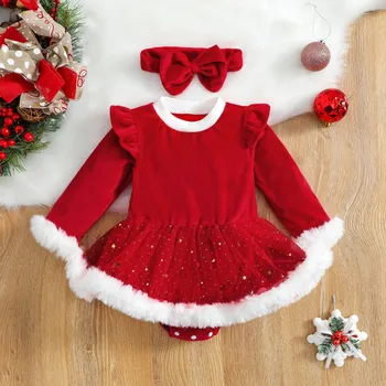 Christmas Baby Red Romper Suknelė naujagimis Mergaitė Aksominis raukinys Tinklelis Žvaigždžių blizgučiai Suknelės Galvos juosta Mažylis Kalėdos 2Pcs Kostiumai