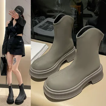 Med Heel Boots Prekės ženklas Moteriški batai Užtrauktukas Apvalūs kojų batai-Moterų Mada Rudens Lolita Rock Ladies 2023 Odinis Vidurio Blauzdos vidurys Blauzda