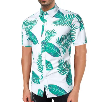 Summer New Hawaiian Shirt for Mens Leaves Sleeve Leaves and Plants Print Holiday Shirt Camisas Para Hombre Beach Men Clothing