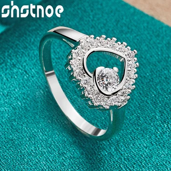 SHSTONE New Hot 925 Sterling Silver Fashion Round Full AAA Zircon Heart Finger Rings For Women Jewelry Bridal Wedding Engagement