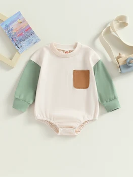 Baby Boy Patchwork ilgomis rankovėmis Romper Kontrastinės spalvos džemperis Jumpsuit kombinezonas su kišene