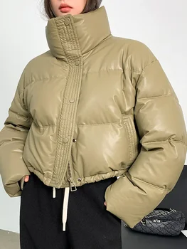 Moterys Vintažinės PU odinės striukės Žieminis apkarpytas parkas Moteriškas prašmatnus šiltas paminkštintas paltas Lady Casual Laisvi viršutiniai drabužiai Gatvės drabužiai