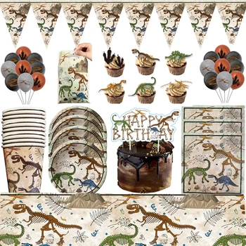 96vnt/lotas Fosilinis dinozauras Tema Gimtadienio šventės dekoracijos Indai Lėkštės Puodeliai Servetėlės Reklamjuostė Archeologiniai žaislų reikmenys