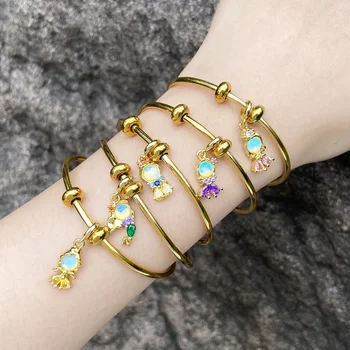 FLOLA Lovely Pink Crystal Princess Bangles For Women Copper Gold Plated Opal Crystal Mermaid Bangle Small CZ Jewelry brtk71