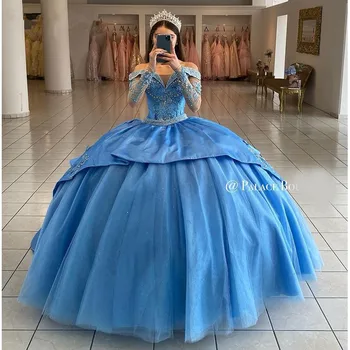 Sky Blue ilgomis rankovėmis Krištolinė princesė Quinceanera suknelės nuo pečių pakopos aplikacijos Karoliukais suvarstomas korsetas Vestido De 15 Anos