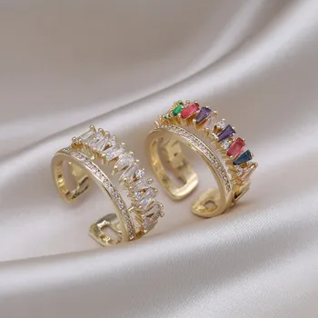 Korėja Karšti mados papuošalai Išskirtinis vario rinkinys Cirkonio spalva Netaisyklingas dvisluoksnis žiedas Elegantiškas moterų kasdienis darbas Atviras žiedas