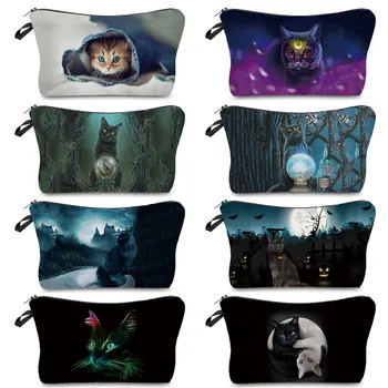 Cute Purple Starry Sky Cat Bag For Makeup Woman Toilet Bag Cosmetics Boxes Kit Bags Gift Traveling Medical Pobag For Family