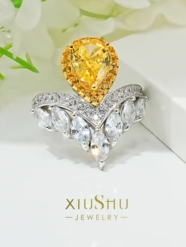 Light Luxury Crown Droplet 925 Sterling sidabrinis žiedas, inkrustuotas su dideliu anglies deimantų kiekiu Universali mados mergina
