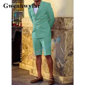 Gwenhwyfar Naujas vasaros žalias vestuvių jaunikis Dvigubas krūtinės kostiumas Casual Cool Style Tuxedo Fashion 2 dalių rinkinys