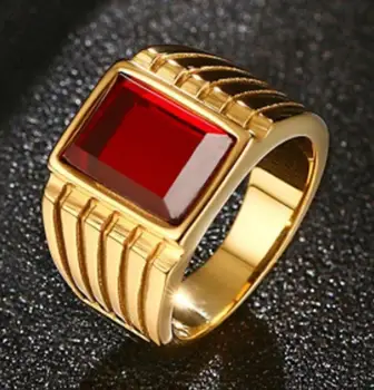 Aukso spalvos vyriškas didelis raudonas cirkoninis žiedas Cool Big Finger Ring Party papuošalų aksesuarai