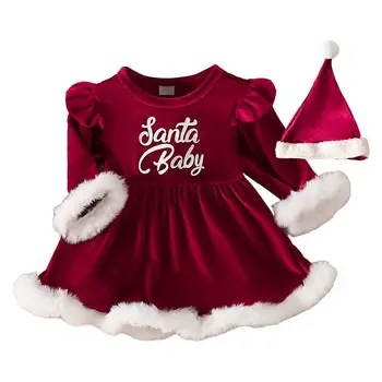 Christmas Toddler Baby Kids Baby Girls Red Dress A linijos suknelės ilgomis rankovėmis A linijos suknelės ir skrybėlių miela kalėdinė apranga