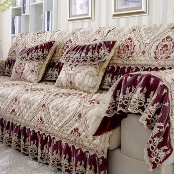 Raudonas prabangus lininės medvilnės sofos užvalkalas Žakardo nėrinių sofos užvalkalas Sujungimas Moduliniai sofos užvalkalai Neslidus sofos rankšluosčių pagalvės užvalkalas