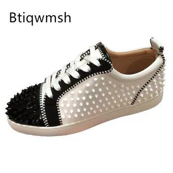 White Spyed Sneakers Man Pointed Toe White Black Leather Patchwork Kniedės Flats For Men Fashion Loafer Batai