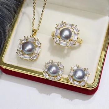 Puošnus AAAA 9-10mm Pietų Kinijos jūros pilkų auskarų perlų pakabukų auskarų rinkinys 925s