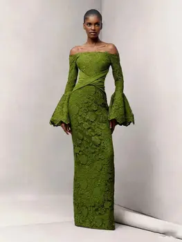 Bohemijos žalios nėrinių be petnešėlių platėjančios ilgomis rankovėmis prom chalatai Satin Plisuotos undinės suknelės Moteriškos oficialios progos Elegantiški chalatai