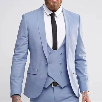 mėlyni vyriški kostiumai viengubas krūtinės skara atlapas plokščias taisyklingo ilgio elegantiškas 3 dalių švarkas kelnės liemenė plonas tinka formalus kostiumas pagal užsakymą
