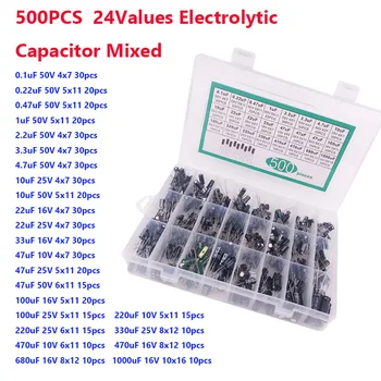 500PCS 24Reikšmės 0.1uF-1000u Elektrolitinis kondensatorius Mišrūs DIP elektrolitiniai kondensatoriai 10V 16V 25V 50V elektroninis komplektas