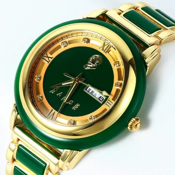Jade Stone laikrodis Kvarcinis rankinis laikrodis Vyriškas prabangus žalias baltas brangakmenių dėklas Ratukas Aukso spalvos rėmelis Deimantinis kalendorius Reloj