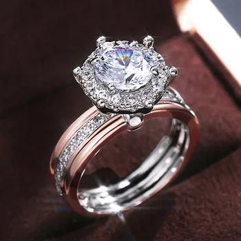 Romantiškas dviejų atspalvių dizainas Moteriški vestuviniai žiedai Didelis apvalus Cirkonio kristalas Pasiūlymas Įtraukti žiedą Mados papuošalų dropshippingas