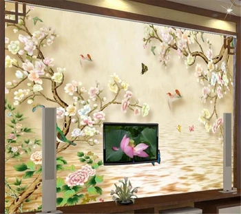 Beibehang Individualūs dideli tapetai 3D nuotraukų freska Kinų stiliaus rankomis dažytos gėlės ir paukščių raštas TV fono tapetai