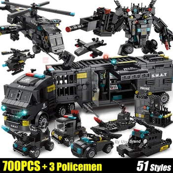 700PCS City Series policijos nuovada SWAT korpuso komanda Karinis sunkvežimis Automobilis Kova su karo robotų statybiniais blokais 