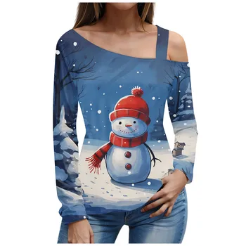 Seksualūs moteriški marškinėliai Kalėdiniai sniego senio marškinėliai moterims Elegantiški ilgomis rankovėmis laisvi megztiniai 