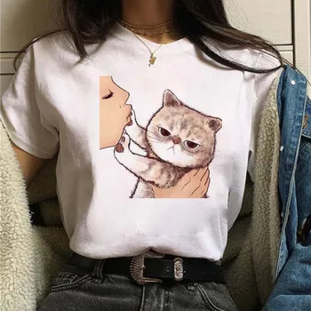 Summer Women Tshirt Cartoon Cat Graphic Printed Short Sleeve Tops Trikotažai Fashion Casual marškinėliai Mieli moteriški drabužiai Moteriški marškiniai