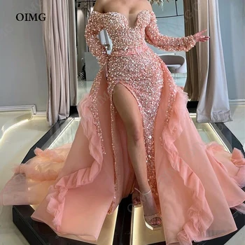 Sparkly Sequin Pink Undinėlės vakarinės suknelės nuo pečių ilgomis rankovėmis Aplikacija arabų moterims Formalūs plius dydžio prom chalatai Custom