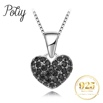 Potiy Heart Natural Black Spinel Pakabuko vėrinys No Chain 925 Sterling Silver for Women Daily Wedding Party papuošalai