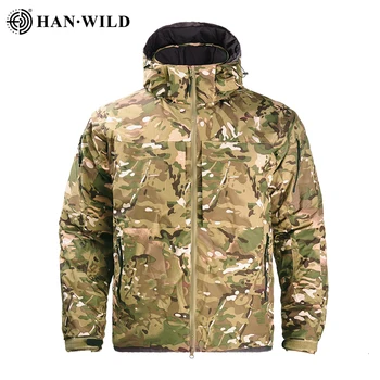 HAN WILD Tactical Down Jacket Medžioklinės striukės su gobtuvu Camo Žygiai žemyn Kempingo paltas Neperšlampami žieminiai vėjui atsparūs šilti drabužiai