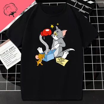 Cute Tshirt Kawaii Cat Mouse Jerry Classic Cartoon Print Tops Women Men Commuter Casual Tee Boy Girl Cute Anime Shirt Custom