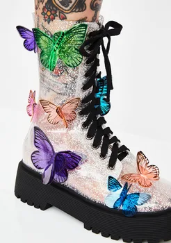 Nauji spalvingi drugelio stiliaus kulkšnies batai Skaidri platforma Pado batai Moteris Suvarstomi paaukštinami apvalūs kojų pirštai Trumpi batai Mujer