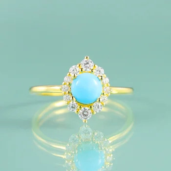 Perlo grožis 14K auksu alsuojantys mėlyni turkio spalvos halo žiedai 925 svarų sterlingų sidabro sužadėtuvių žiedo jubiliejinė dovana žmonai moteriai