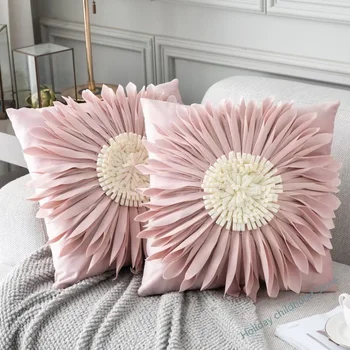 Fashion Modern Style Pink White Throw Pillows 45*45cm Velvet Stitching 3D Chrysanthemum Cushion Waist Pillow Blue Cushion Case
