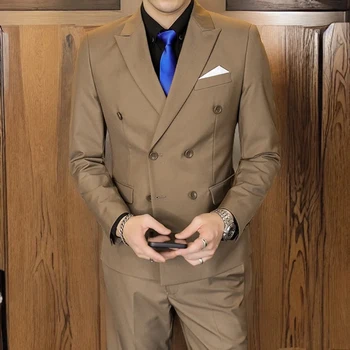 Khaki vyriški kostiumai Blazer Notched Lapel Double Breasted Regular Length Elegant Full Set Formal Blazer 3 Piece Jacket Pants Liemenė