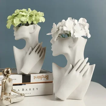 šiaurietiško stiliaus žmogaus veido keraminė vaza - modernus minimalistinis dekoras džiovintoms gėlėms, puikiai tinkantis biurui ir namams