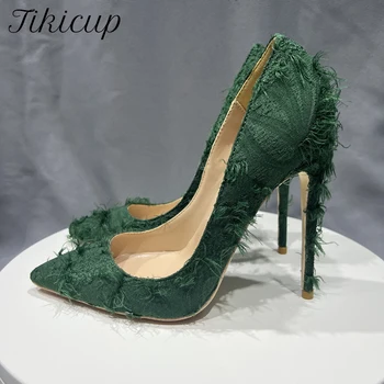 Tikicup Green Tassel Distressed Fabric Stiletto High Heels Designer Chic Ladies Sexy Pumps Pointy Toe Dress Shoes Plus Size33-46