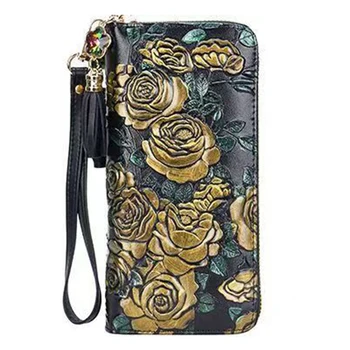 gėlių natūralios odos piniginės krepšys Prabangus prekės ženklas Long Ladies odinė piniginė Dvigubas užtrauktukas Moteriška sankaba su prižiūrėtoju