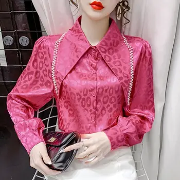 Dizaineris Moteriški drabužiai Šilkiniai marškiniai Pūstos ilgos rankovės Didelis smailus atlapas Korėjietiškas prašmatnus perlas Leopardo atspaudas Biuro panelė Palaidinė Nauja