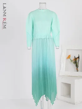 LANMREM 2024 Pavasario plisuota mados suknelė Moterys Gradientas Suvarstomos Surinktos juosmens netaisyklingos suknelės Elegantiškas vakarėlis Naujas 2Qa1314