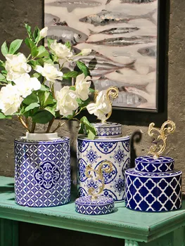 Retro klasikinis mėlynas ir baltas porcelianas su dangčiu Vazos laikymo indelis Kinų namų gėlių kompozicijos dekoracijų organizacija